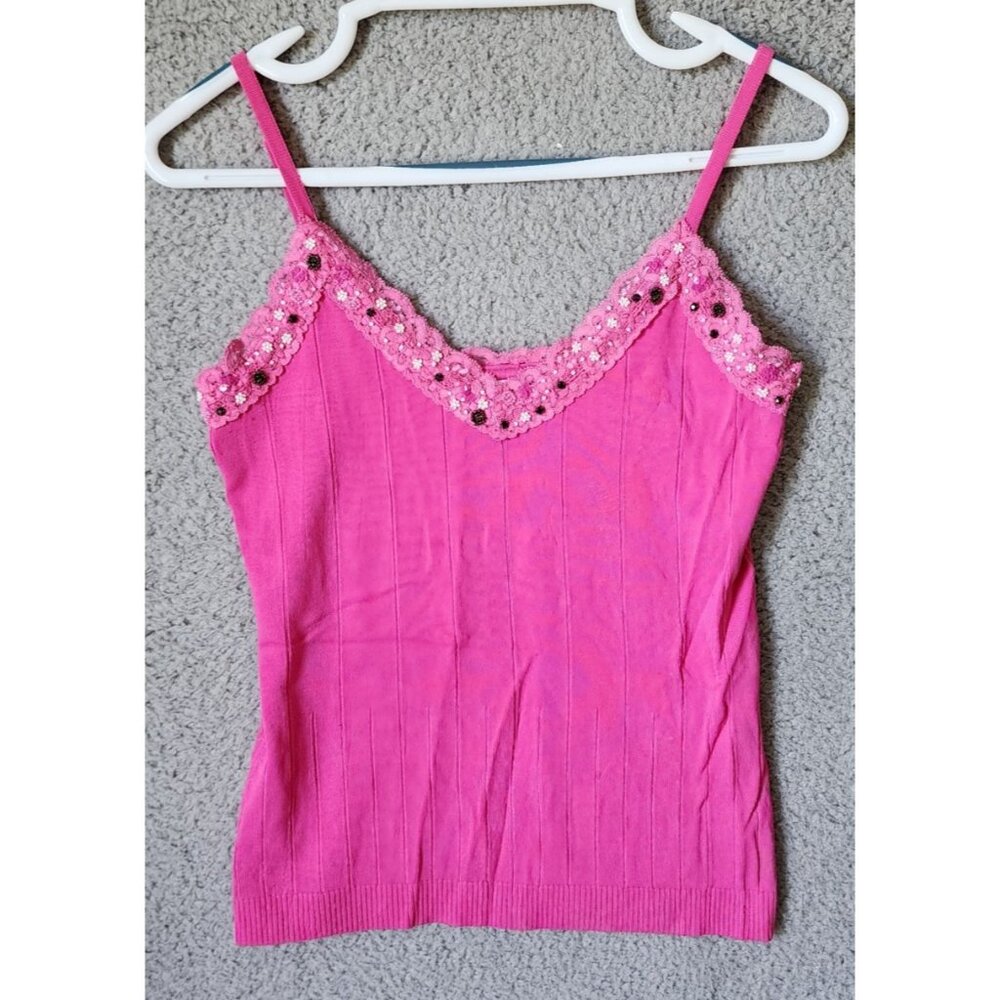 Yuka Women's Size PL Sleeveless Camisole Tank Top Beaded Sequin Lace Trim Pink - Picture 1 of 15